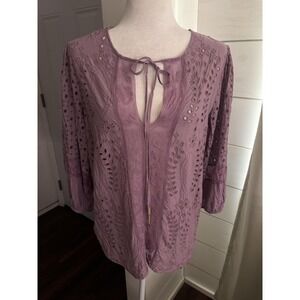 Johnny Was Jade Blouse‎ Womens Medium Purple Eyelet Embroidered Tunic Top Boho